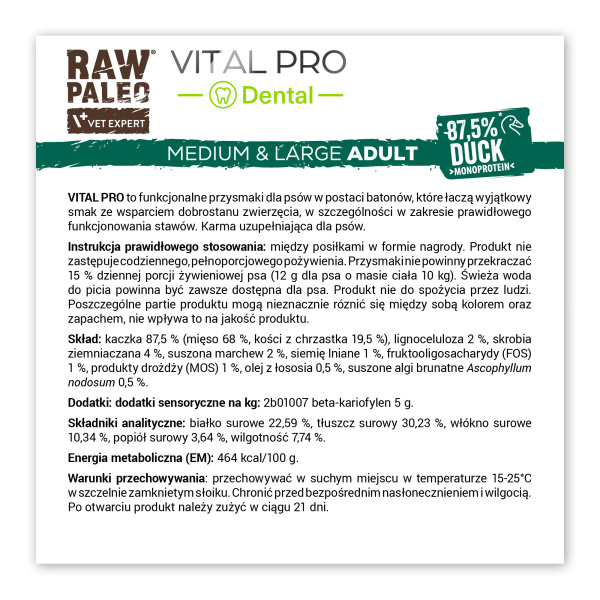 RAW PALEO Vital Pro Dental Duck Medium Large 100g - hipoalergiczny monoproteinowy przysmak funkcjonalny - baton dla psa