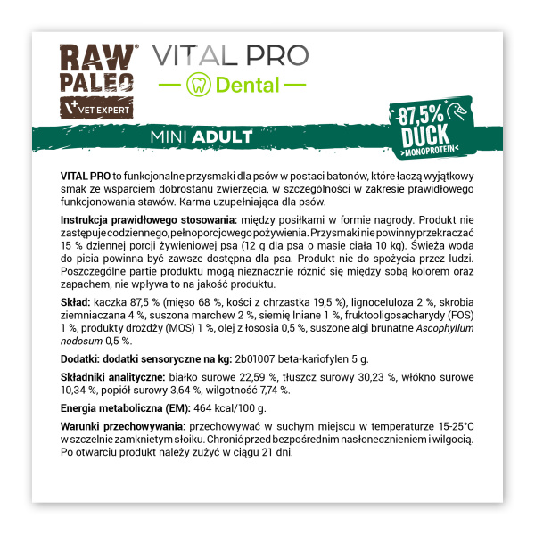RAW PALEO Vital Pro Dental Duck Mini 100g - hipoalergiczny monoproteinowy przysmak funkcjonalny - baton dla psa