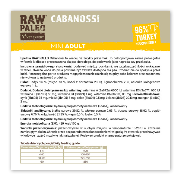 RAW PALEO Cabanossi Turkey Mini 90g - pełnoporcjowy naturalny przysmak w formie kiełbaski dla psa