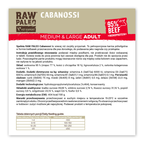 RAW PALEO Cabanossi Beef Medium Large 90g - pełnoporcjowy naturalny przysmak w formie kiełbaski dla psa