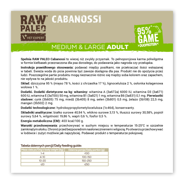 RAW PALEO Cabanossi Game Medium Large 90g - pełnoporcjowy naturalny przysmak w formie kiełbaski dla psa