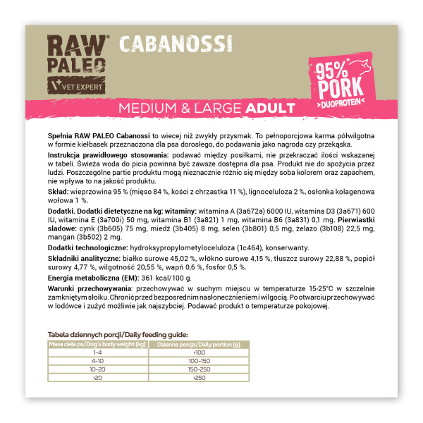 RAW PALEO Cabanossi Pork Medium Large 90g - pełnoporcjowy naturalny przysmak w formie kiełbaski dla psa