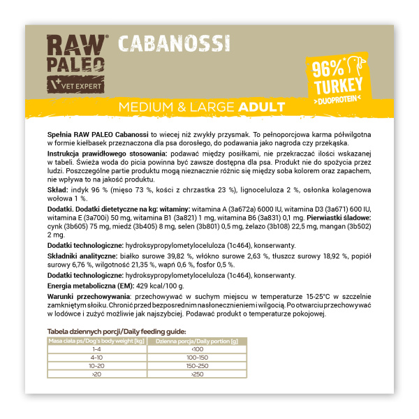 RAW PALEO Cabanossi Turkey Medium Large 90g - pełnoporcjowy naturalny przysmak w formie kiełbaski dla psa