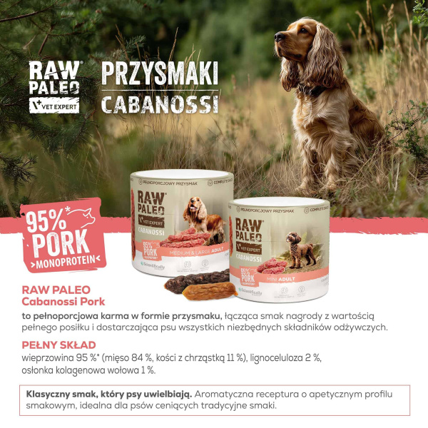 RAW PALEO Cabanossi Pork Mini 100g - pełnoporcjowy naturalny przysmak w formie kiełbaski dla psa