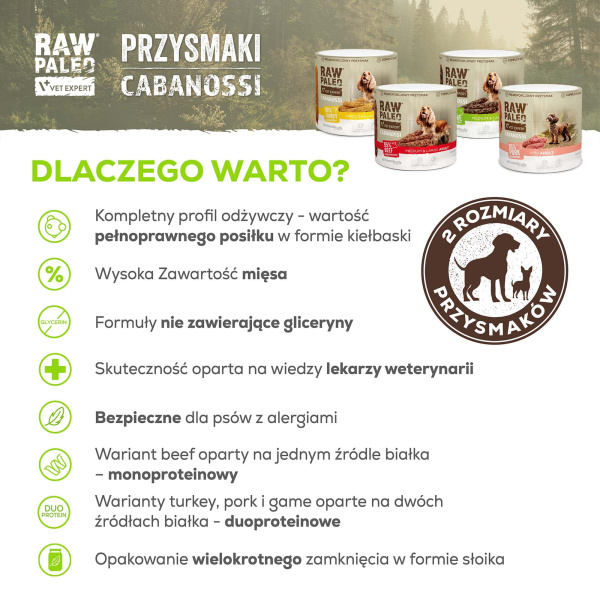 RAW PALEO Cabanossi Pork Mini 90g - pełnoporcjowy naturalny przysmak w formie kiełbaski dla psa