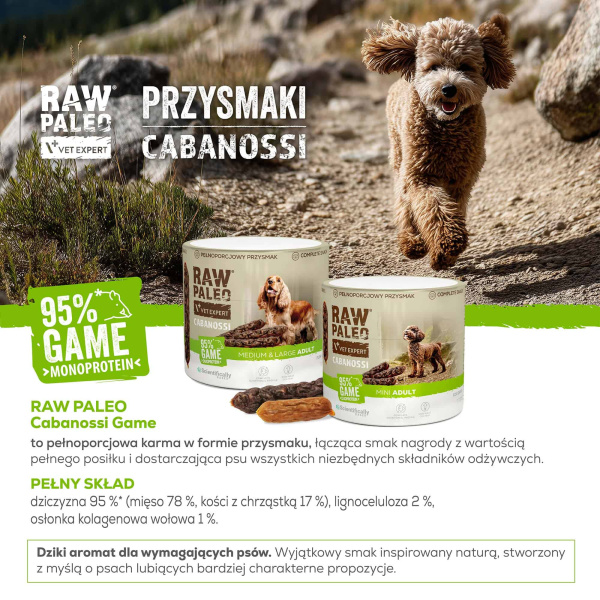 RAW PALEO Cabanossi Game Medium Large 90g - pełnoporcjowy naturalny przysmak w formie kiełbaski dla psa