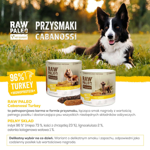RAW PALEO Cabanossi Turkey Medium Large 90g - pełnoporcjowy naturalny przysmak w formie kiełbaski dla psa