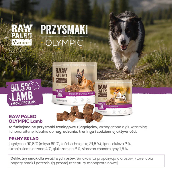 RAW PALEO Olympic Lamb Mini 90g - hipoalergiczny monoproteinowy przysmak treningowy dla psa