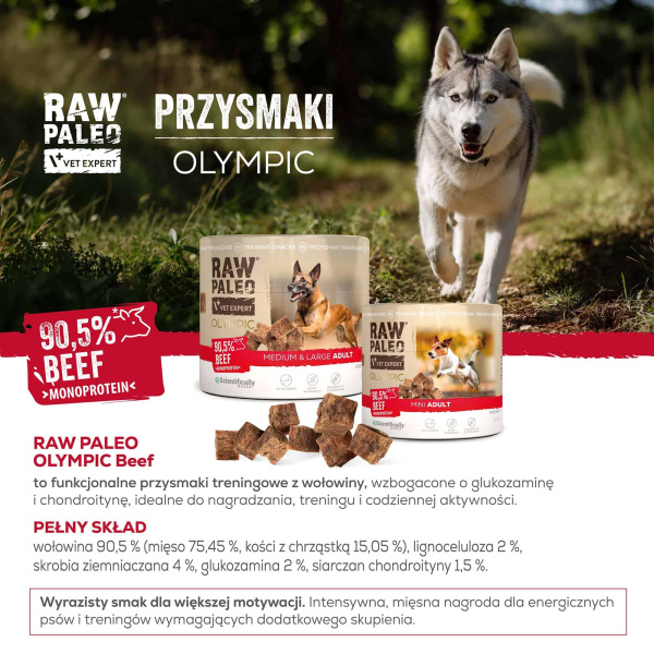 RAW PALEO Olympic Beef Mini 90g - hipoalergiczny monoproteinowy przysmak treningowy dla psa