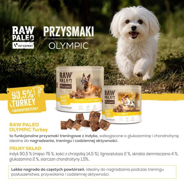 RAW PALEO Olympic Turkey Mini 90g - hipoalergiczny monoproteinowy przysmak treningowy dla psa