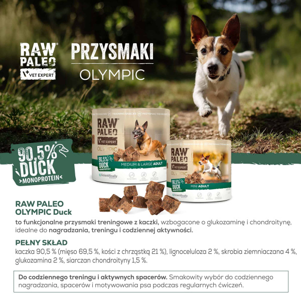 RAW PALEO Olympic Duck Mini 90g - hipoalergiczny monoproteinowy przysmak treningowy dla psa
