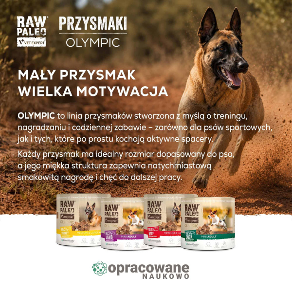 RAW PALEO Olympic Turkey Mini 90g - hipoalergiczny monoproteinowy przysmak treningowy dla psa