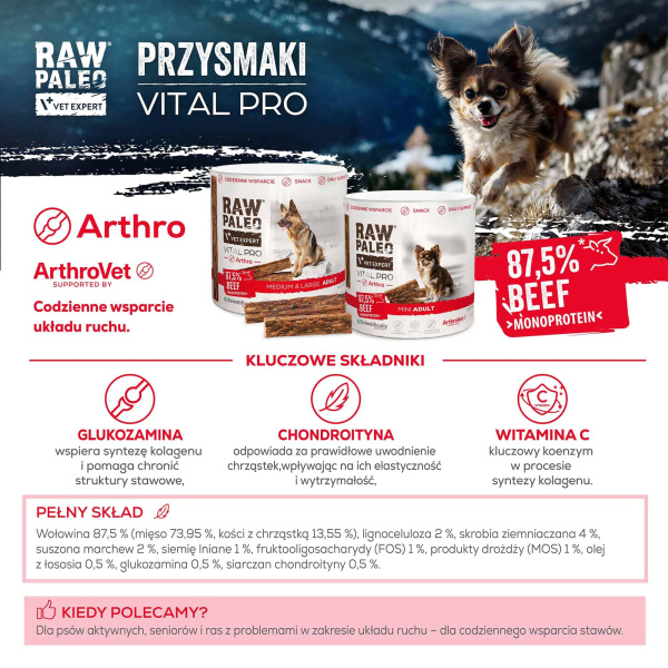 RAW PALEO Vital Pro Arthro Beef Medium Large 100g - hipoalergiczny monoproteinowy przysmak funkcjonalny - baton dla psa