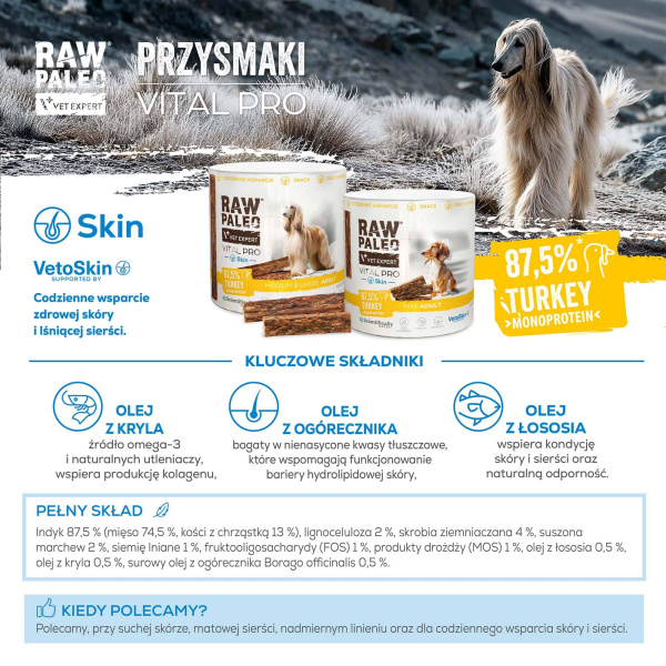 RAW PALEO Vital Pro Skin & Coat Turkey Medium Large 100g - hipoalergiczny monoproteinowy przysmak funkcjonalny - baton dla psa