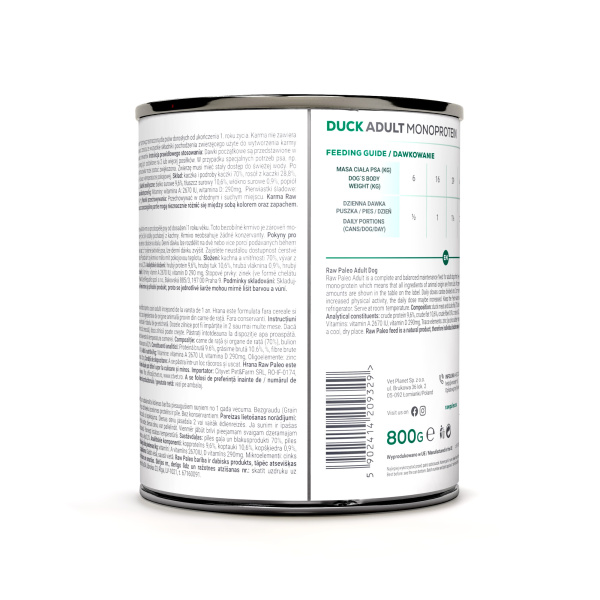 RAW PALEO ADULT DOG DUCK 6x800g - mokra karma dla psów dorosłych monoproteina z kaczką