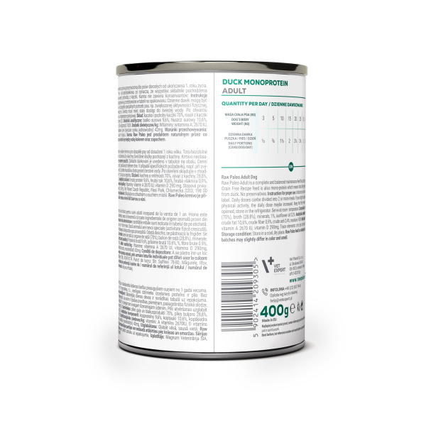 RAW PALEO ADULT DOG DUCK 12x400g - mokra karma dla psów dorosłych monoproteina z kaczką