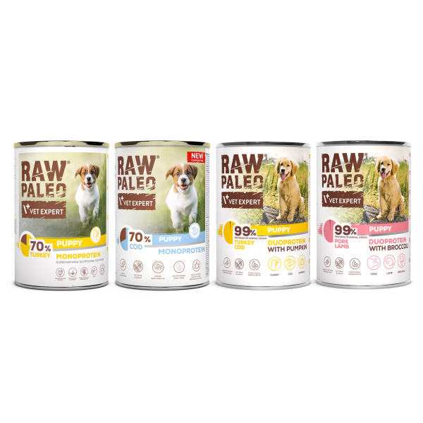Zestaw RAW PALEO PUPPY TURKEY & COD & PORK & LAMB - mokra karma dla szczeniąt 4x 400g