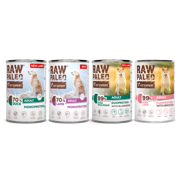 Zestaw RAW PALEO ADULT LAMB & PORK & DUCK & BOAR - mokra karma dla psów dorosłych 4x 400g