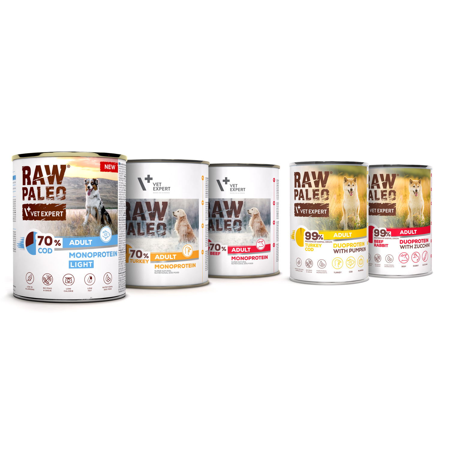 Zestaw RAW PALEO ADULT BEEF & RABBIT & TURKEY & COD - mokra karma dla psów dorosłych 3x 800g + 2x 400g