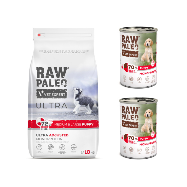 RAW PALEO ULTRA BEEF MEDIUM LARGE PUPPY 10kg i 2x BEEF PUPPY puszka 400g - zestaw karmy dla szczeniąt ras średniej i dużej