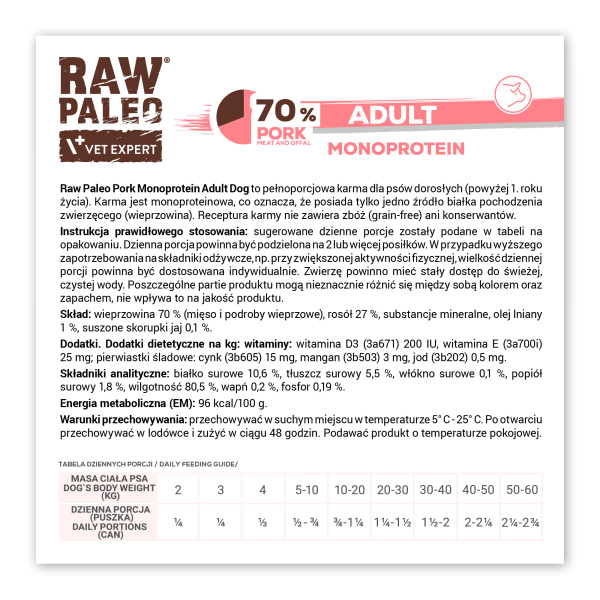 RAW PALEO ADULT DOG PORK 800g - mokra karma dla psów dorosłych monoproteina z wieprzowiną