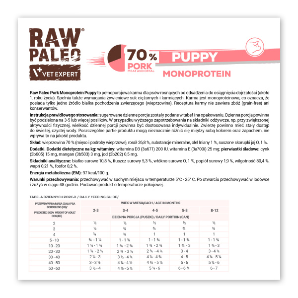 RAW PALEO PUPPY PORK 12x400g - mokra karma dla szczeniąt monoproteina z wieprzowiną