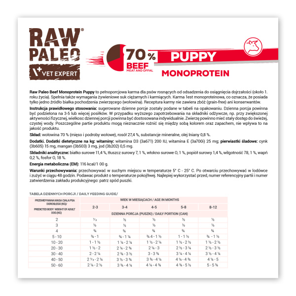 RAW PALEO PUPPY BEEF 12x400g - mokra karma dla szczeniąt monoproteina z wołowiną