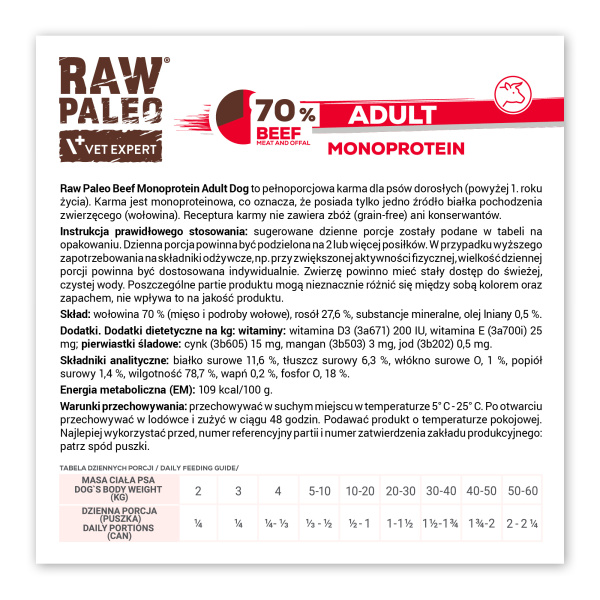 RAW PALEO ADULT DOG BEEF 12x800g - mokra karma dla psów dorosłych monoproteina z wołowiną