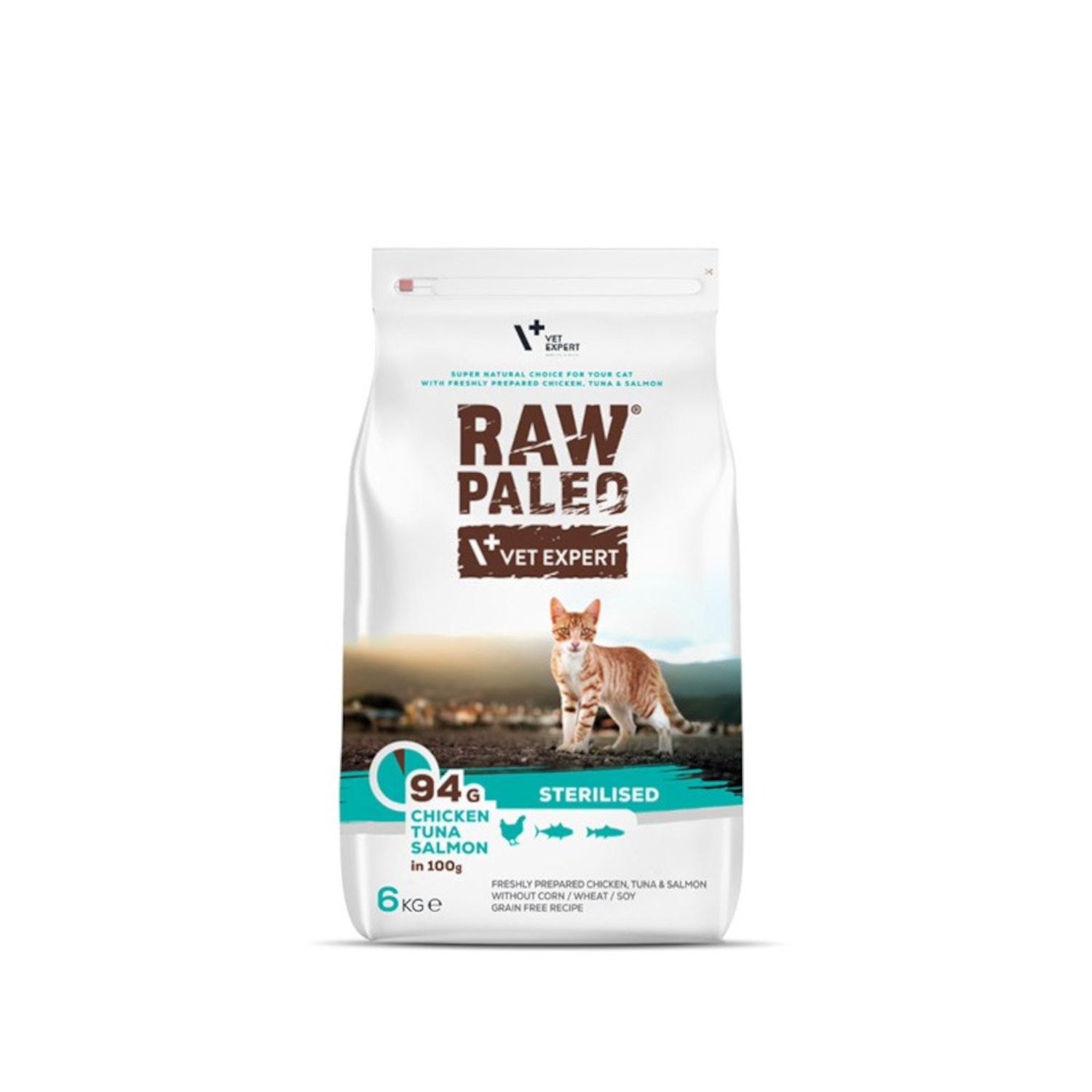 RAW PALEO – sucha karma z kurczakiem, tuńczykiem i łososiem dla kotów sterylizowanych 6 kg
