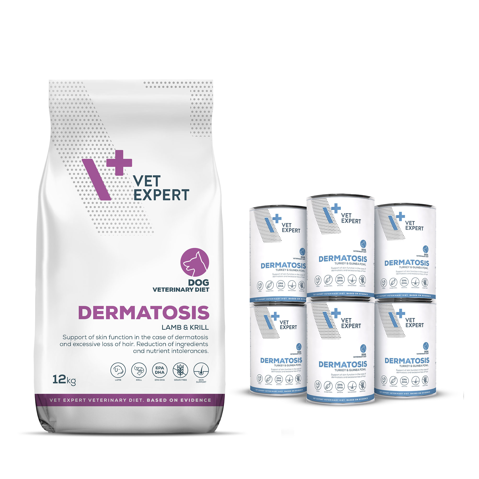 Zestaw VET EXPERT DERMATOSIS DOG LAMB&KRILL 12kg + 6x400g TURKEY&GUINEA FOWL