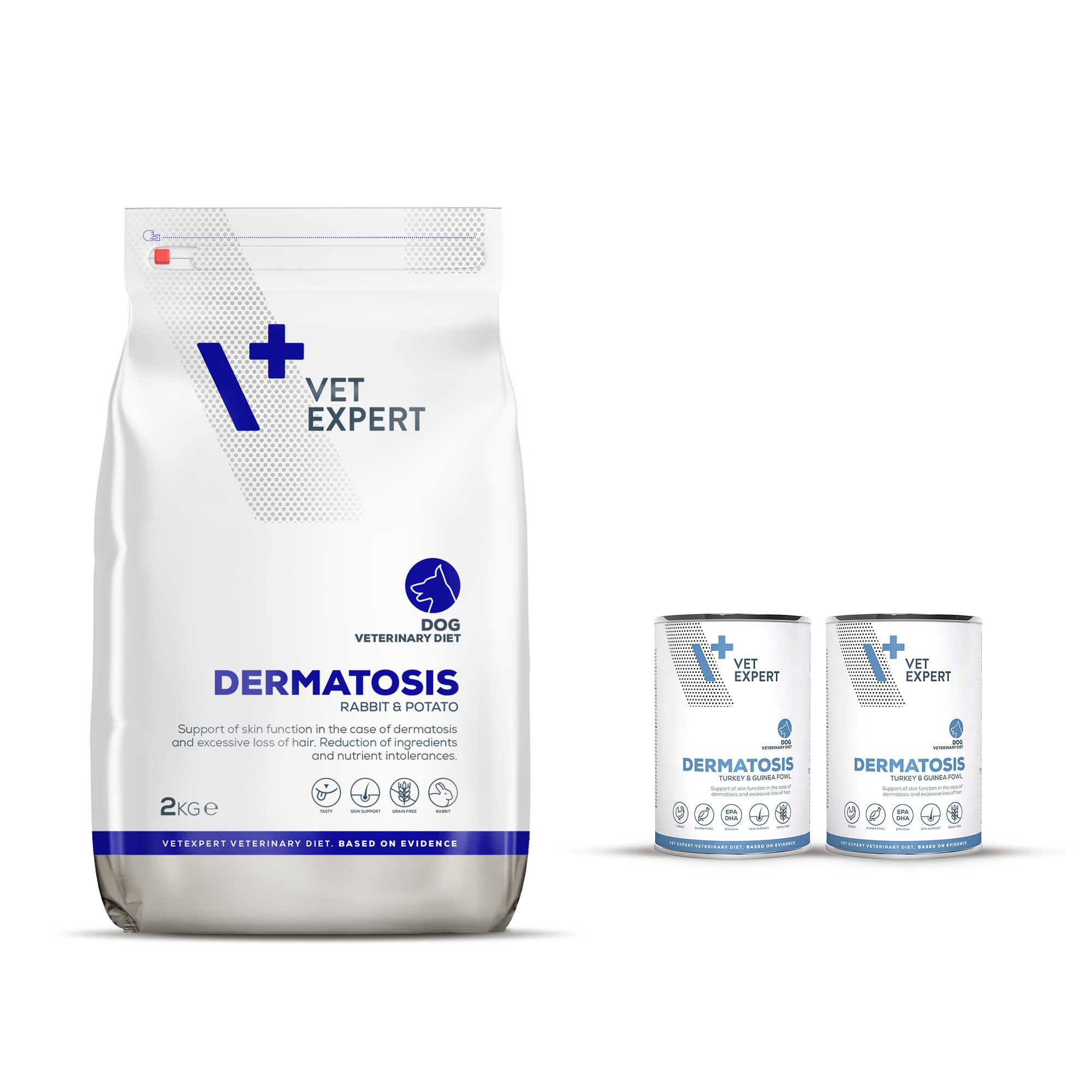 Zestaw VET EXPERT DERMATOSIS DOG RABBIT&POTATO 2kg + 2x400g TURKEY&GUINEA FOWL