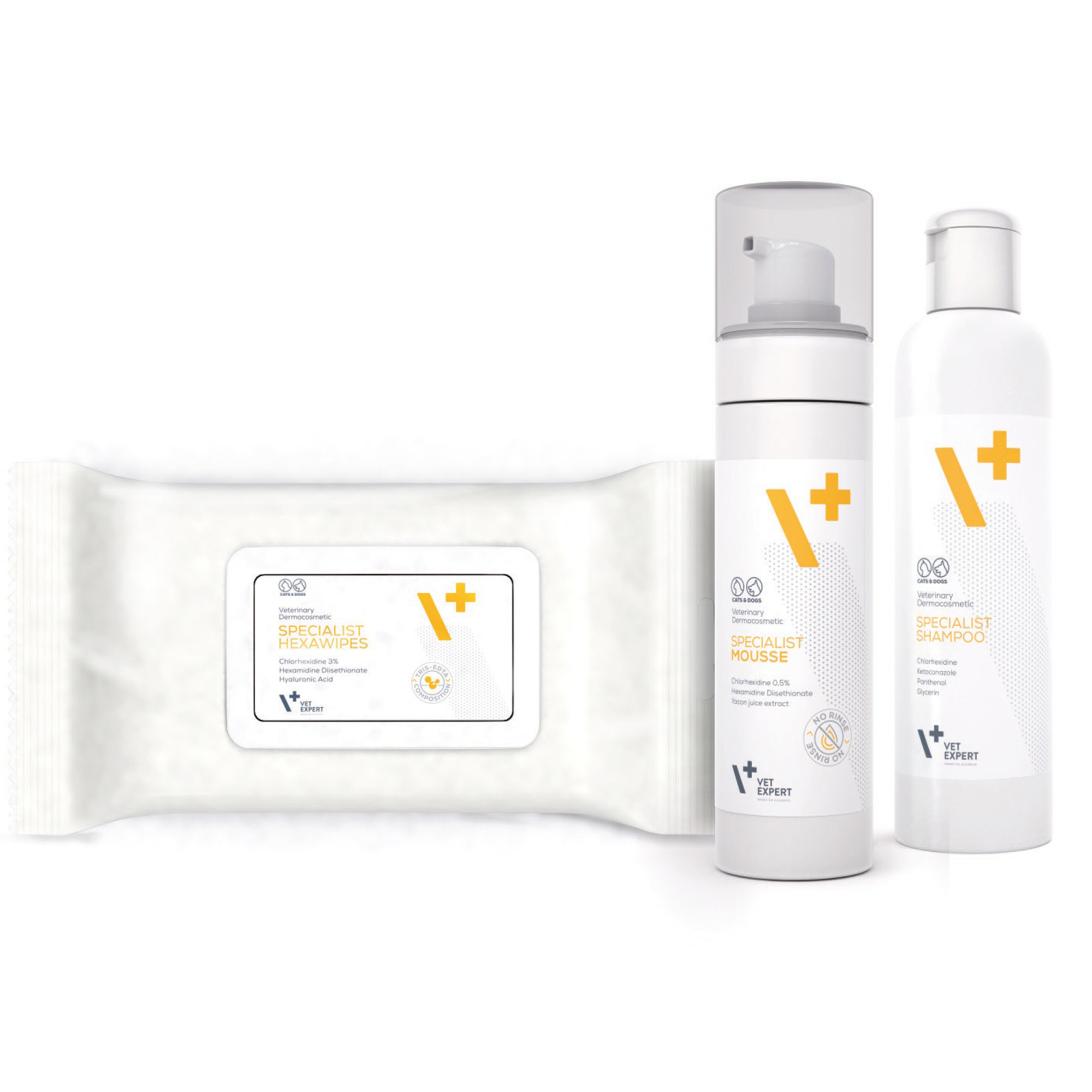 VET EXPERT SPECIALIST LINE -  SHAMPOO, MOUSSE, HEXAWIPES - pełne wsparcie przy infekcji skóry psa i kota